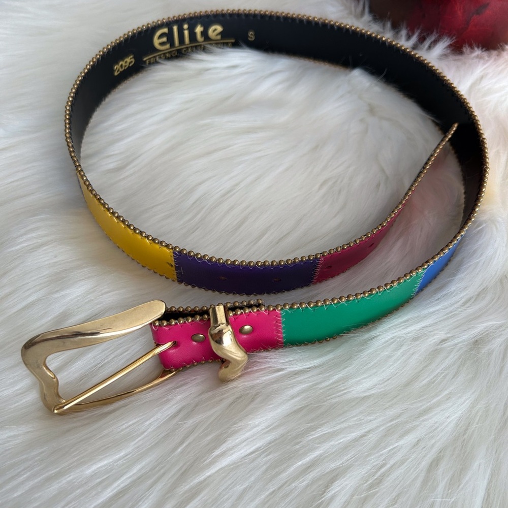 Elite Vintage Multicolor Blocked Leather Belt with Gold Buckle